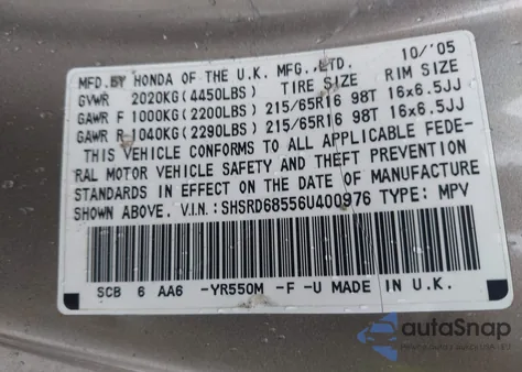 2006 Honda Cr-V Lx z USA, uszkodzony, nr VIN SHSRD68556U400976
